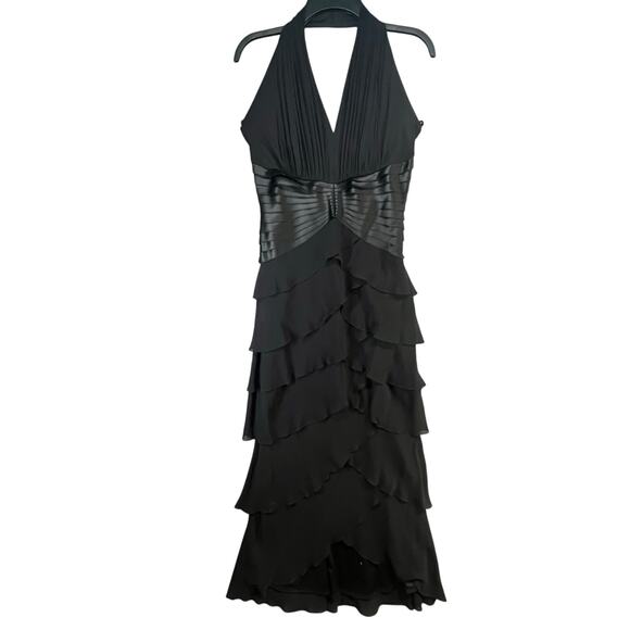 Tadashi Shoji Y2K Halter Dress 12 Black Silk Tiered Layer Cocktail Gown Romantic - Picture 6 of 16